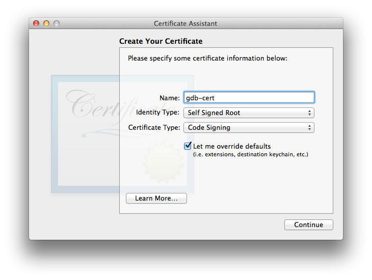 code-signing GDB on Mac OS X